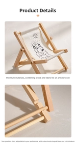 Detail view of mini beach chair phone holder with wooden frame and adjustable slots