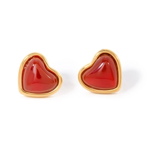 Minimalist 18k gold plated heart stud earrings with vibrant red enamel inlay for women