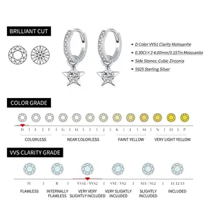 S925 sterling silver star drop earrings with 0.3ct Moissanite stones on white background