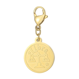 Golden stainless steel Libra zodiac pendant keychain with lobster clasp on white background