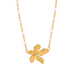 Collana minimalista con fiori dorati e perline bianche in acciaio al titanio lucido