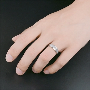 Close-up of a silver matte titanium steel ring shown on a finger with black background