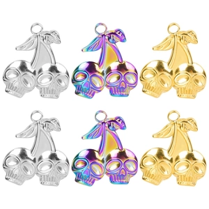 Gothic Skull Cherry Pendant Necklace For Women Men Stainless Steel Skull Cherry Charm Jewelry Gold Rainbow Silver Plated Necklaces