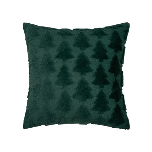 Deep green plush Christmas tree pillow with embossed pattern and tassel trim