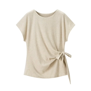 Beige short sleeve tie-front knit top with soft texture for women on white background