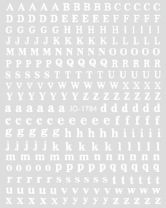 Close-up of JO-1784 3D white alphabet nail stickers featuring serif letters A-Z