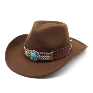 Chapeau de Cowboy de l'Ouest Vintage pour Hommes Femmes Chapeau Fedora à Large Bord Avec Bande Ethnique Tressée Décoration Turquoise Chapeau de Soleil en Feutre Rétro