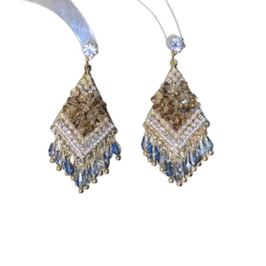 Elegant gold drop earrings with diamond-shaped studs and beads butterfly tassels