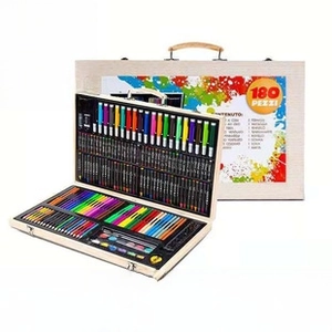 Dettaglio del set artistico da 180 pezzi per bambini in una valigetta di legno portatile