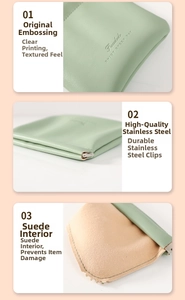 Macro detail of macaron green PU leather makeup bag with spring clip and soft lining