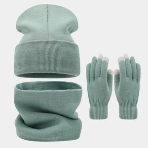 Three-piece winter knit set including a warm beanie hat, neck warmer, and touchscreen gloves