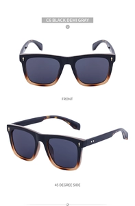 Front and side view of C6 sunglasses with black and tea gradient frames and gray lenses