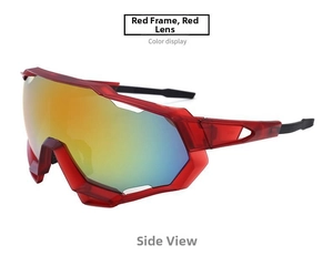 Detail view of red cycling glasses with gradient mirrored lens and side air vents