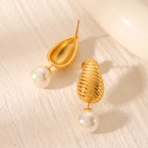 Elegant 18k gold plated stainless steel teardrop earrings with white pearls for women