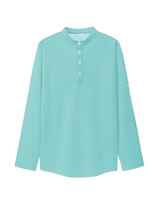 Detail of mint green waffle knit fabric with a four-button placket and buttoned cuffs