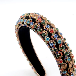 Velvet headband for women with colorful rhinestones on a wide sponge padded band