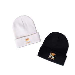 Unisex Happy Camper knit beanie in black and white styles for outdoor winter warmth