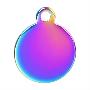 Macro detail of rainbow gradient circular stainless steel pendant with high polished finish