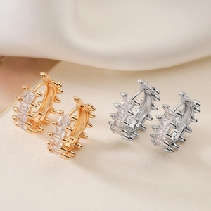 Punk Style Copper 18K Gold Plated Zirconia Fishbone Hoop Earrings For Women Spiky Rivet Geometric Fashion Jewelry