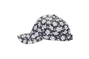 Detail of dark floral baseball cap featuring white hibiscus print and twill cotton texture