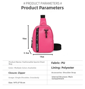 Vista dettagliata della borsa a tracolla fucsia in PU con dimensioni e specifiche tecniche