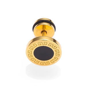 Gold stainless steel Greek key stud earring with black enamel inlay for men and women
