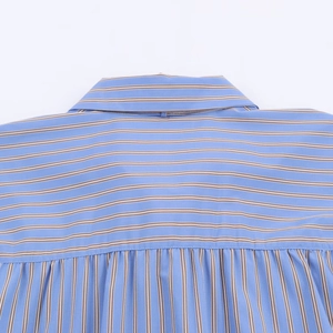 Detalle de camisa de rayas azules y marrones con pliegues en la espalda y cuello