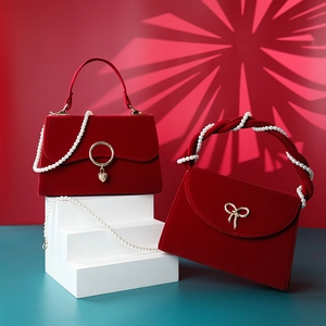 Red Velvet Handbag Artificial Pearl Wrapped Handle Gold Bow Elegant Retro Women Wedding Bridal Evening Crossbody Bag