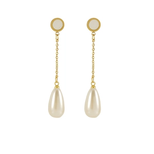 Boucles d'oreilles pendantes élégantes en acier plaqué or 18K avec perles blanches