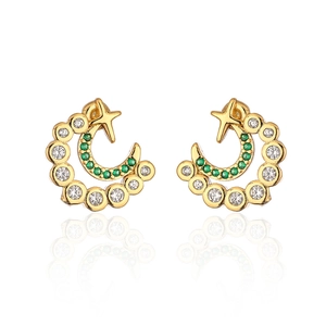 Detailed view of 18K gold plated C-shaped moon and star earrings with zircon inlay