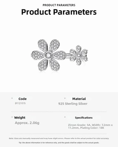 Detail view of S925 sterling silver flower ring with 5A zircons and product specifications