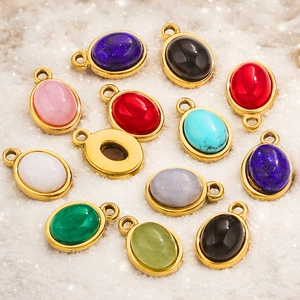 Oval natural stone pendants with gold stainless steel edges for DIY jewelry making