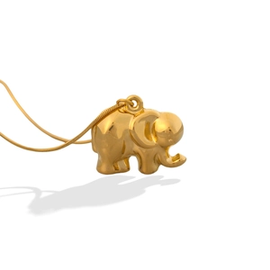 Polished gold elephant pendant necklace with a sleek snake chain on a white background