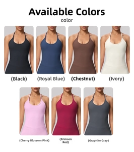 Grid display of halter neck sports tank tops in seven vibrant colors for fitness and yoga