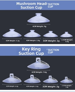 Size chart showing clear suction cups with mushroom heads and keyrings in various weights