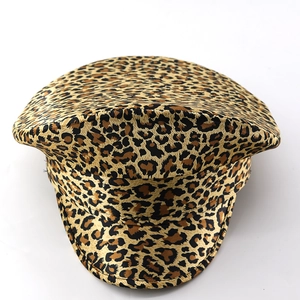Detailed top view of leopard print captain hat with thick textured fabric for party costume