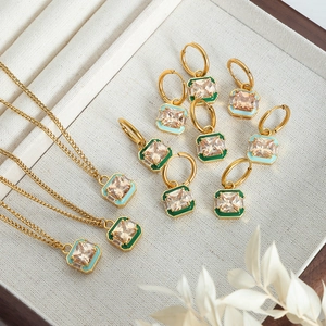 Elegant gold plated jewelry set with square zircon stones and colorful enamel inlay