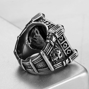 Vintage silver lion head ring in gothic punk style for men, detailed embossed metal design