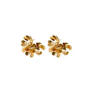 Minimalist golden metal flower stud earrings with matte texture on a white background
