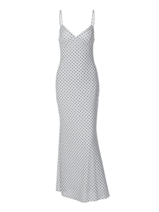Detailed close-up of French vintage black and white polka dot maxi dress with V-neckline