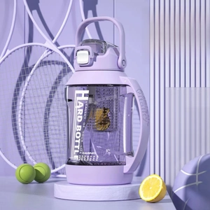 Detail of taro purple sports water bottle showing portable handle and built-in filter