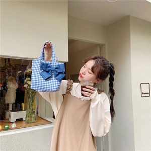 Detail of blue plaid lunch bag with a large decorative bow and sturdy top handles