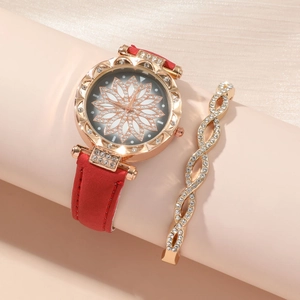 Elegant 5pcs women gift set with red quartz watch and gold diamond jewelry on beige stand
