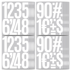 Detailed view of white 5-inch alphanumeric stickers featuring numbers and currency symbols