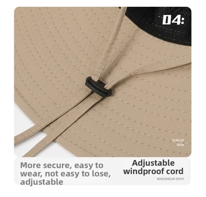 Primer plano del cordón ajustable a prueba de viento y costuras reforzadas del sombrero