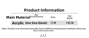 Detailed size chart showing 18cm depth and acrylic material info for the knitted beanie