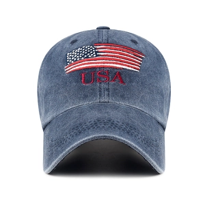 Distressed washed cotton baseball cap with USA embroidery and flag on vintage blue denim