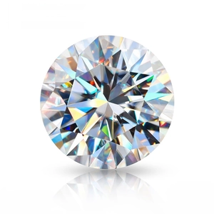 Brilliant round cut D color Moissanite stone with colorful fire on white background