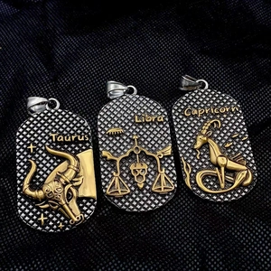 Stainless Steel Zodiac Constellation Dog Tag Pendant Necklace Vintage Gold Silver Embossed Hip Hop Jewelry For Men