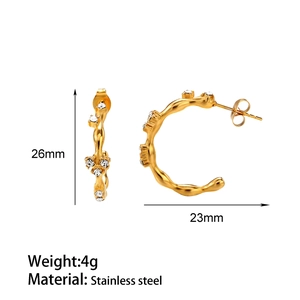 Detailed size view of C-shaped 18k gold plated earrings with zircon inlays and measurements